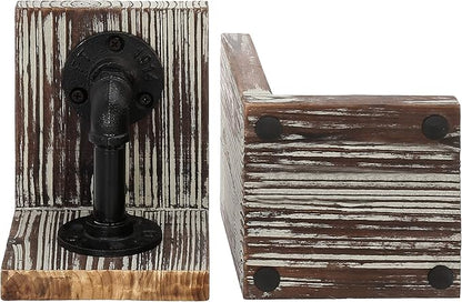MyGift Decorative Bookends, Office Book Ends for Shelf, Book Holder L-Shaped Stand Desktop, Solid Torched Wood with Realistic Industrial Pipe Design