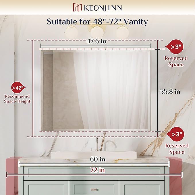 Keonjinn Beveled Bathroom Mirror 48” x 36“, Rectangle Mirrors for Bathroom Sink, Large Wall Mirror,Shatterproof, Modern Decorative for Living Room, Entryway, Bedroom, Horizontal/Vertical
