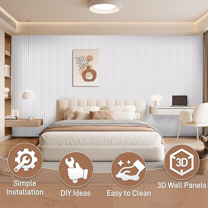 16 Packs Slat Wood Wall Panels, 54 x 6 Inch WPC Wainscoting Panels for Interior Wall Decor, Living Room, Bedroom, Fluted Accent Wall Panels, Low Grille Wall Panels, White Oak