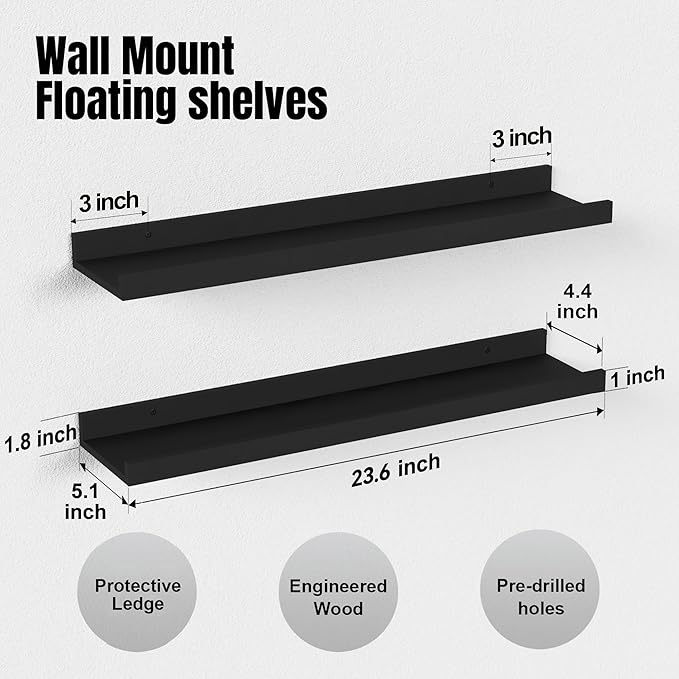 Long Floating Shelves, 2 Set Modern Black Wall Shelf for Bedroom, Nursery Book Shelf with Lip, Picture Ledge Shelf for Living Room Bathroom Kitchen - Black,23.6 In