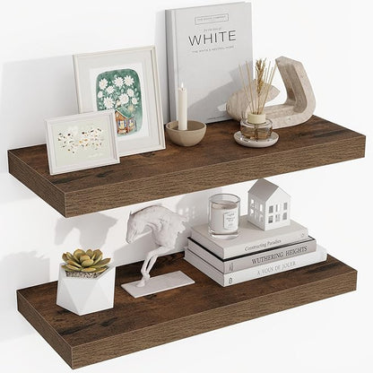 24 Inch Floating Shelves, 3D Textured 24"x9.25"x1.5" Inch Deep Floating Shelves for Wall, Wooden Shelves for Bathroom, Bedroom, Living Room, Brown, 2 Pieces