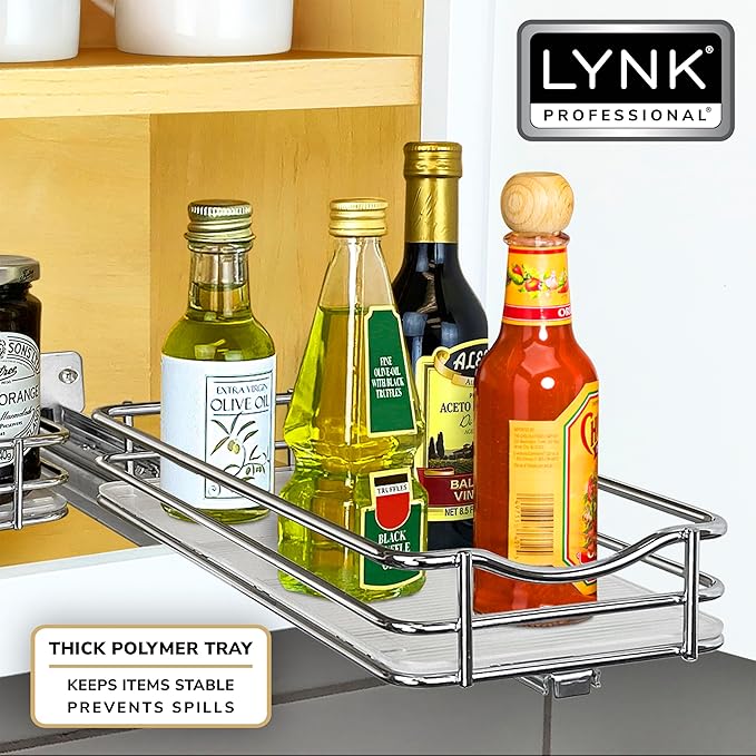 LYNK PROFESSIONAL® Pull Out Spice Rack Organizer for Inside Kitchen Cabinets - 4-3/8 inch Wide - Slide Out Drawer – Chrome Sliding Spice Organization for cabinet - Spice Racks - 1 Tier