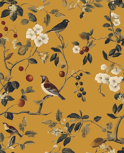 Vintage Bird Wallpaper 17.5"x393" Yellow Chinoiserie Floral Wallpaper Peel and Stick Removable Waterproof Self Adhesive Boho Wall Paper Floral Contact Paper for Bedroom Walls Cabinet Locker