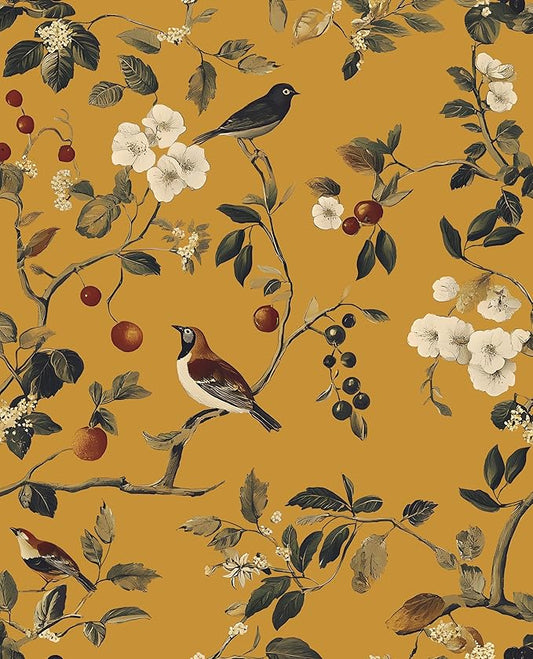 Vintage Bird Wallpaper 17.5"x393" Yellow Chinoiserie Floral Wallpaper Peel and Stick Removable Waterproof Self Adhesive Boho Wall Paper Floral Contact Paper for Bedroom Walls Cabinet Locker