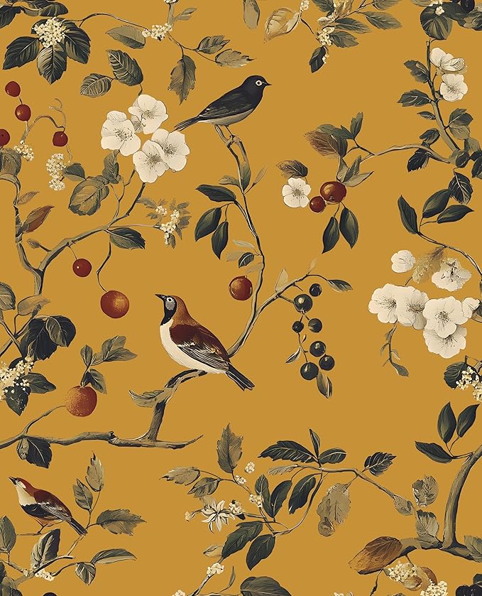 Vintage Bird Wallpaper 17.5"x393" Yellow Chinoiserie Floral Wallpaper Peel and Stick Removable Waterproof Self Adhesive Boho Wall Paper Floral Contact Paper for Bedroom Walls Cabinet Locker