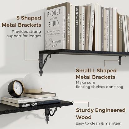 RICHFOCUS Floating Shelves for Wall Decor, 55.1W x 8D Shelves Set of 2, 8 Inch Deep Rustic Wood Shelves Wall Mounted with Brackets, Long Floating Shelves for Living Room Bedroom Kitchen, Black