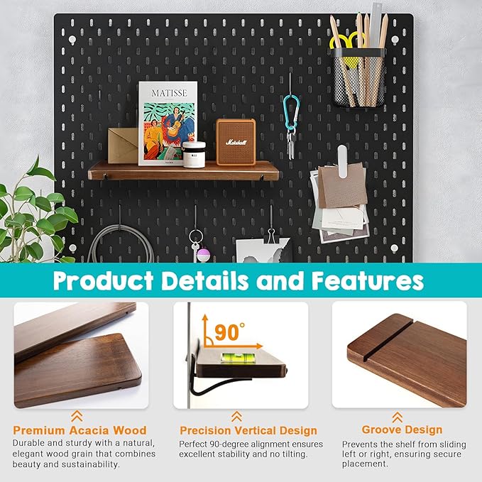 Walnut Color Pegboard Shelf, Pegboard Accessories, Wooden Pegboard Shelves with Pegboard Hooks, Compatible with IKEA Skadis Pegboard