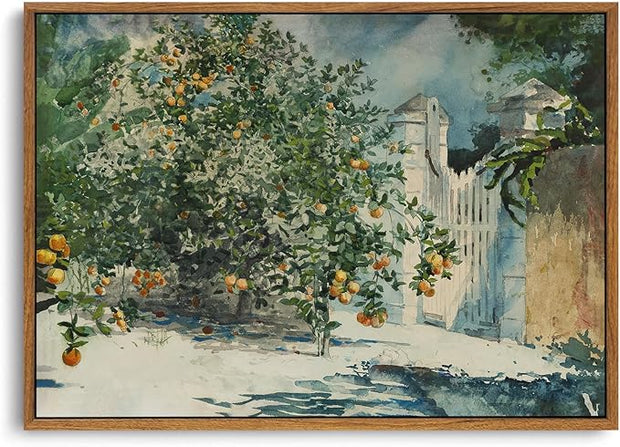 OIQArtOIQ Framed Vintage Landscape Wall Art Orange Trees Still Life Oil Painting Canvas Prints Country Farmhouse Aesthetic Fall Decor Pictures for Kitchen Bedroom Living Room Bathroom