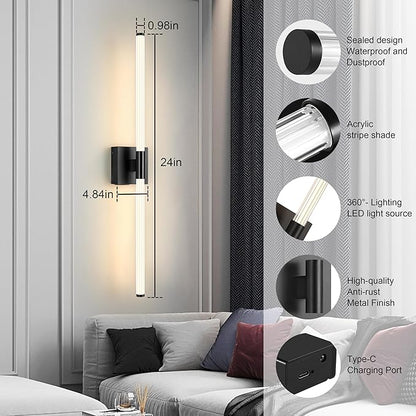 Battery Operated Wall Sconces Set of 2, Rechargeable Battery Wall Sconce with Remote, Dimmable 3 Color LED Wireless Wall Lights, 360° Full Lighting, Timer & Memory Function, 24" Black