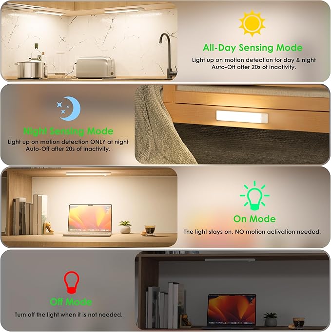 Motion Sensor Under Cabinet Lights, Magnetic Rechargeable Under Counter Closet Light, Wireless Night Light Bar Stick-On, 2-Pack, Neutral White