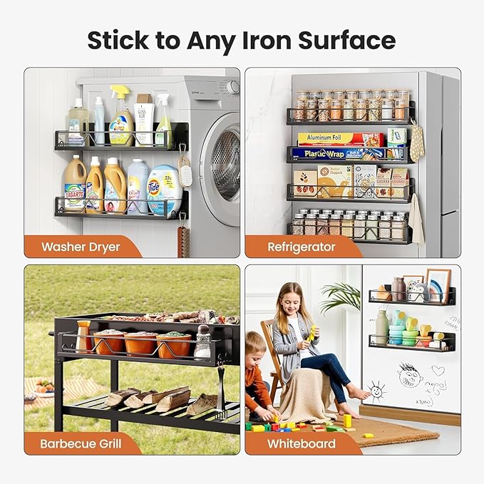 16.9 Inch Wide Large Capacity Magnetic Spice Rack for Refrigerator, 6 Pack Metal Fridge Shelf, Black