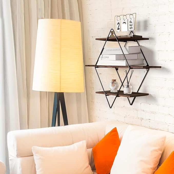 Modern Wooden Floating Wall Shelf Decor for Wall Storage – Geometric Design Decorative Wall Mount 3-Tier Hanging Shelf Plant Display for Bedroom, Living Room, Bathroom, Kitchen