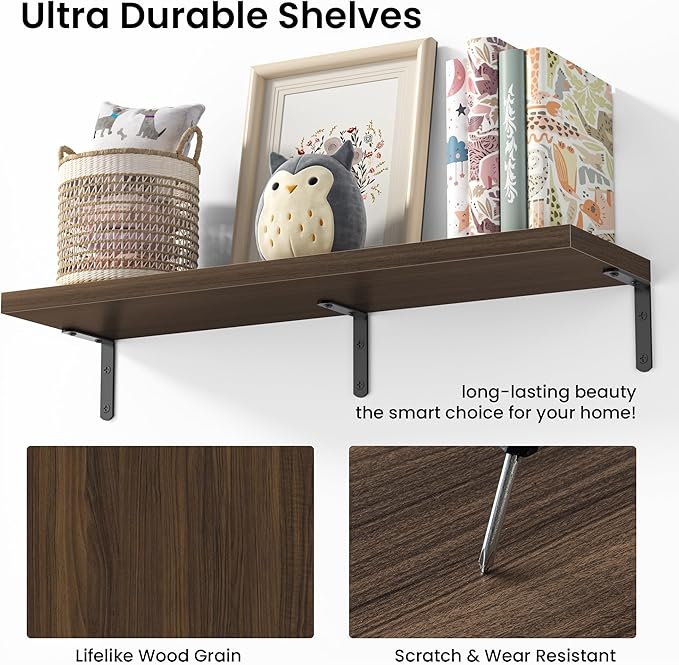 Marsmiles Extra Wide Floating Shelves for Wall, 48x8 Inch Natural Wood Grain Bookshelves, Heavy Duty Mounted Shelving for Bathroom, Kitchen, Living Room, Bedroom,Set of 2，Walnut