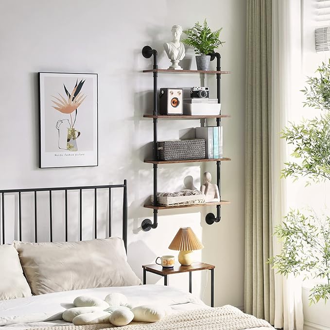 YMYNY Industrial Pipe Shelf Bracket, 4 Tiers Retro Wall Mounted Floating Shelf, Wood DIY Bookshelf, Storage Shelves for Living Room, Bedroom, Office, 24