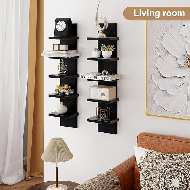 Fun Memories 5 Tier Wall Shelf Unit, Black Floating Shelves for Storage - Vertical Column Tower Design, Lack Wall Shelf Space Saving Organizer for Bedroom, Living Room, Home Decor， 2Pack