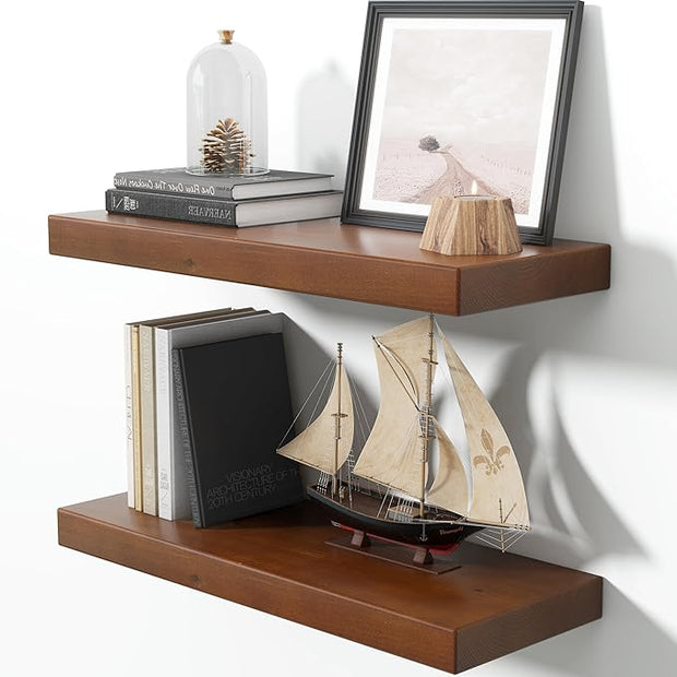 Axeman 24 Inch Floating Shelves for Wall, 9.3" Deep High End Solid Real Wood Wall Shelves with Heavy Duty Invisible Bracket for Living Room, Bedroom, Kitchen, Bathroom, Set of 2, Walnut Finish