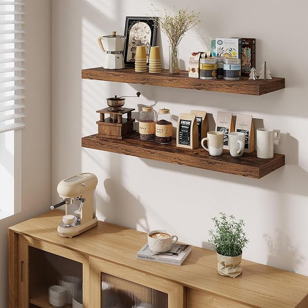 Fun Memories Floating Shelves Set of 2, 40 Inch Long Wooden Wall Shelves, 10 Inch Deep Wall Mounted Storage Shelf with Metal Brackets for Living Room, Bathroom, Bedroom and Kitchen, Rustic Brown