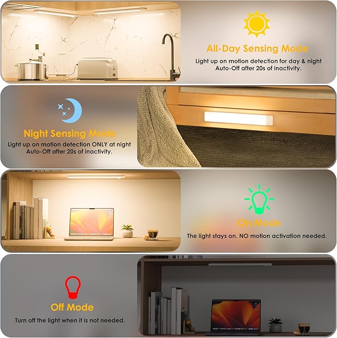 51-LED Motion Sensor Under Cabinet Lights, Magnetic Rechargeable Under Counter Closet Lighting, Wireless Light Bar Stick-On, 2-Pack, Warm White
