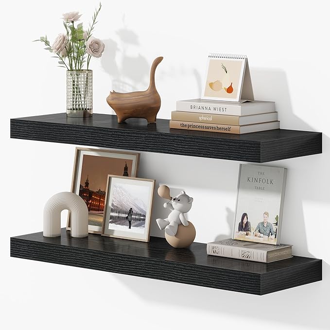 Dreamland 32 Inches Floating Shelves for Wall, 9.3" Deep Long Floating Shelves Set of 2, Large Display & Storage Shelf, Wall Shelf for Bathroom Bedroom Living Room Kitchen Office, Black