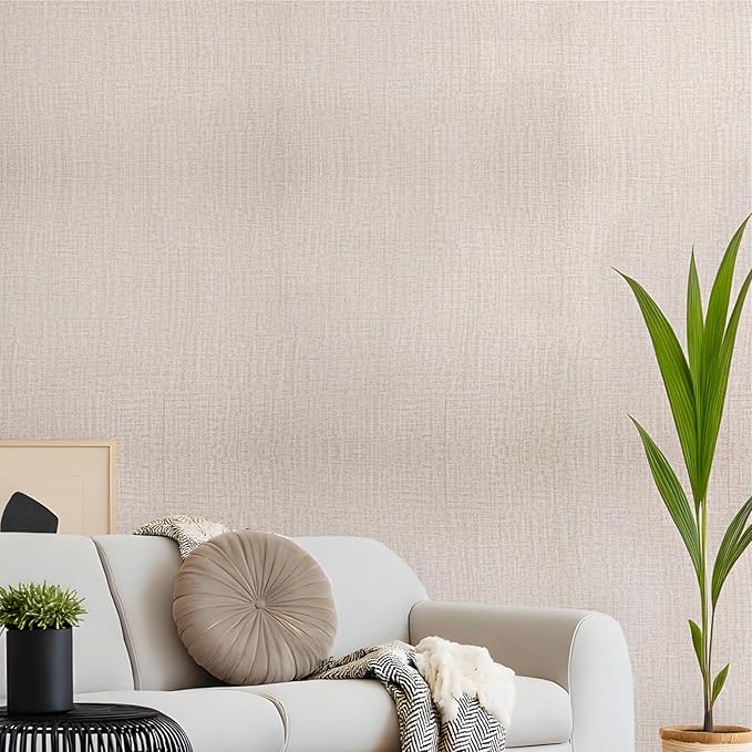 Yancorp 10ft Textured Fabric Wallpaper Faux Grasscloth Khaki Peel and Stick Self-Adhesive Linen Removable Wallpaper Cabinets Counter Top Liners