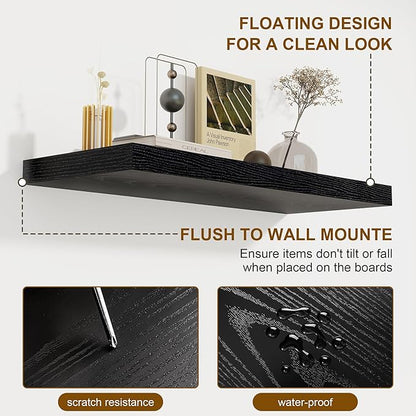 Fun Memories 55 Inch Floating Shelves for Wall 2 Pack Shelves for Bedroom|Kitchen|Bathroom Wall Mounted Rustic Wood Floating Shelf with Invisible Brackets for Books|Storage|Decor, Black