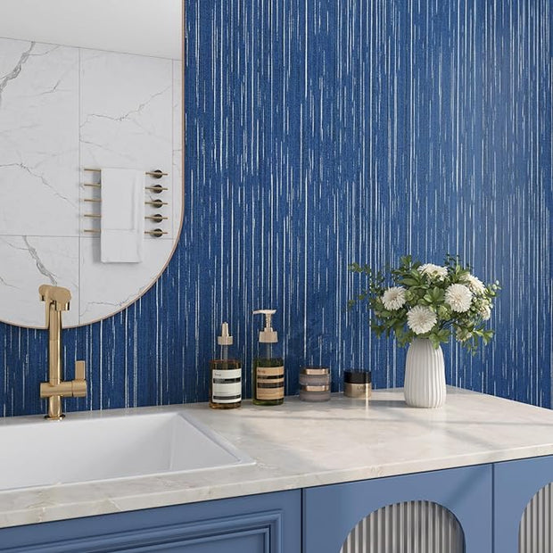 Livelynine 15.8x394 Navy Blue Peel and Stick Wallpaper Dark Indigo Textured Grasscloth Navy Wall Paper for Bathroom Bedroom Apartment Blue Contact Paper Waterproof Vinyl Wrap Renter Friendly Upgrades