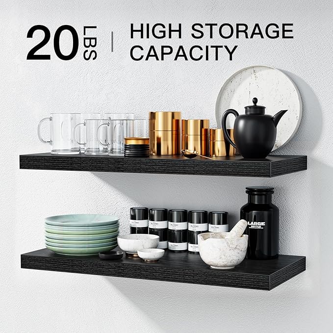 AMADA HOMEFURNISHING Floating Shelves Wall Mounted, 24 x 7 Inch Wall Shelves for Bathroom, Bedroom, Living Room, Black Shelves Set of 2 | Wall Shelves, for Bathroom, Bedroom, Living Room, Shelves