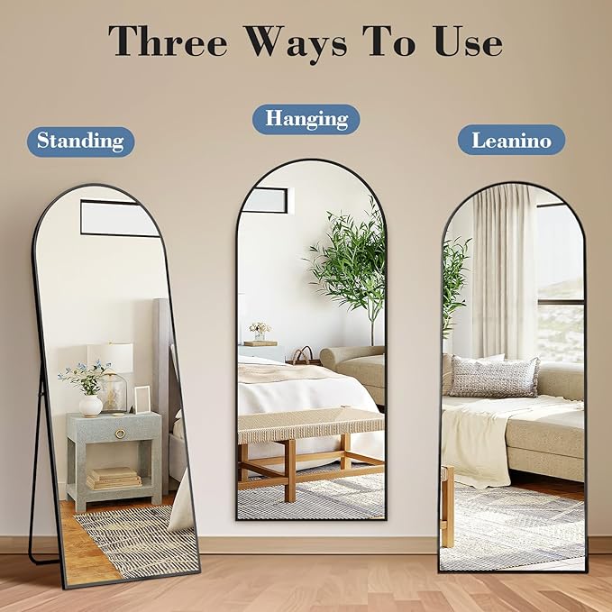 DUMOS Arched Full Length Mirror with Stand Floor Standing Aluminum Frame for Bedroom Body Hanging Leaning Modern Simple Home Decor Shatter-Proorf Nano Glass Wall Cloakroom Natural Black 59