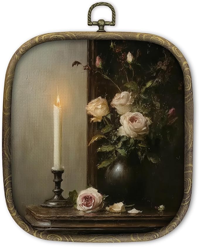 KSDUT Flower Candle Wall Art Decor - Botanical Neutral Mid Century Modern Wall Art Canvas Frame Hanging Prints, Vintage White Floral Square Wall Art Decor for Home Decorations 6.5"x5.7"