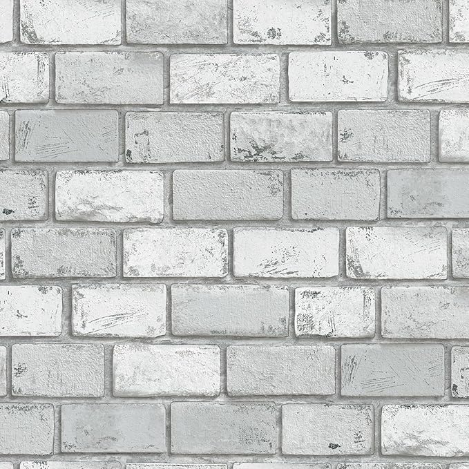 GaliGali White and Silver Brick Wallpaper, Peel and Stick Wallpaper, Self-Adhesive Classic Antique Texture Rock Wall Paper, Removable Contact Paper for Home Decoration 17.3"x393", No.A07020K-10