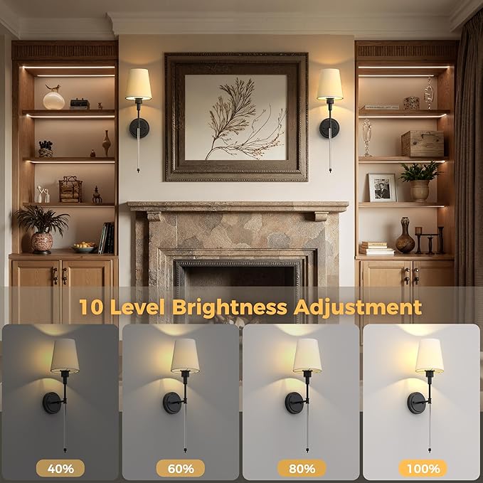 DORESshop Battery Operated Wall Sconce Set of 2, Wall Light Wireless Easy to Install, Dimmable and Adjustable Sconce Wall Decor, Rechargeable Wall Lamp for Bedroom, Living Room, Black and Glass 24.6in
