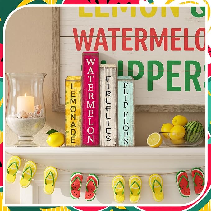 4 Pcs Summer Table Decoration Wooden Book Lemon Watermelon Wooden Sign Yellow and Red Summer Tiered Tray Decor Wood Book Sign Farmhouse for Home Shelf Coffee Table
