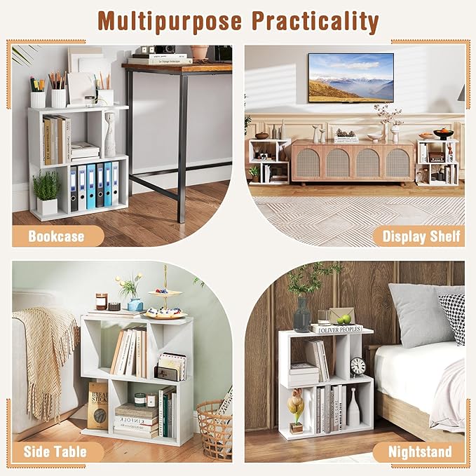 Tangkula 3 Tier Geometric Bookshelf, S Shaped Open Bookcase with Storage, Home Office Decor, Freestanding Wood Display Shelf for Living Room Study, Small Bookshelf for Small Spaces (2, White)