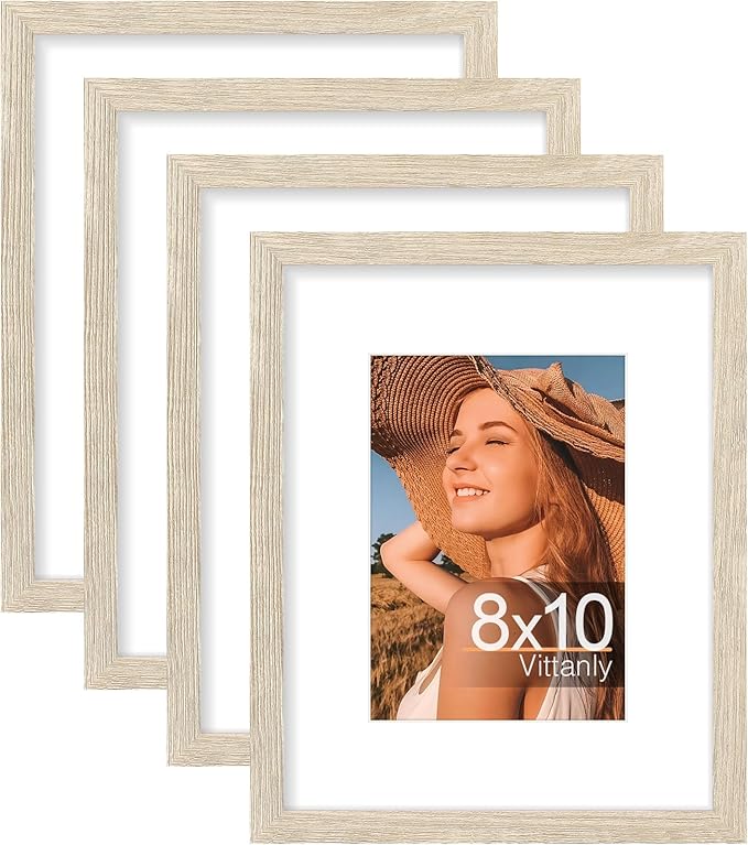 Vittanly 8x10 Picture Frames Set of 4, Display Pictures 5x7 with Mat or 8x10 without Mat, Gallery Frame Set for Wall or Tabletop, Engineered Wood with Shatter Resistant Plexiglass, Light Nature