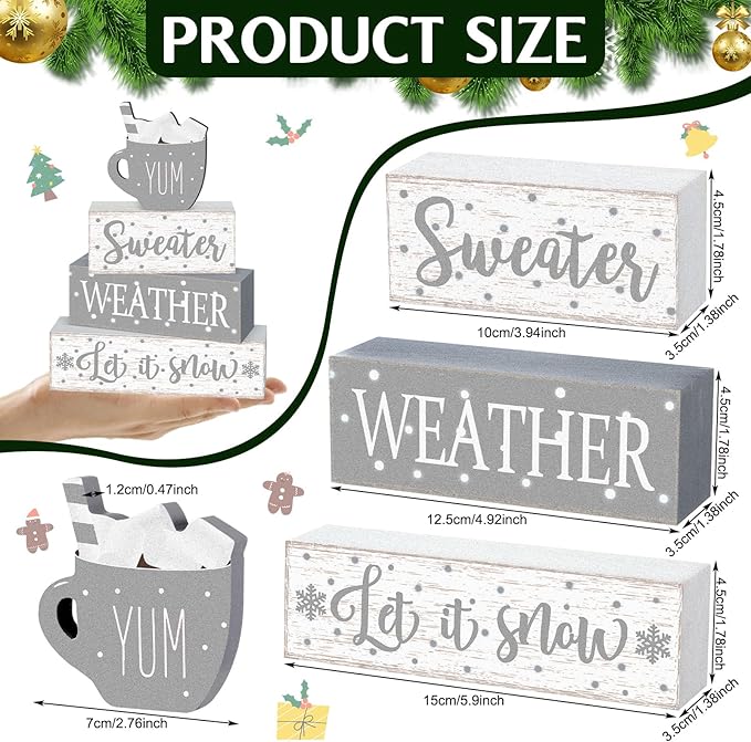 Marsui 4 Pcs Winter Christmas Wooden Tabletop Decor Rustic Wooden Hot Cocoa Block Sign Gift Farmhouse Xmas Tiered Tray Decor Let It Snow Table Centerpiece Winter Decorations for Home Office Desk Shelf