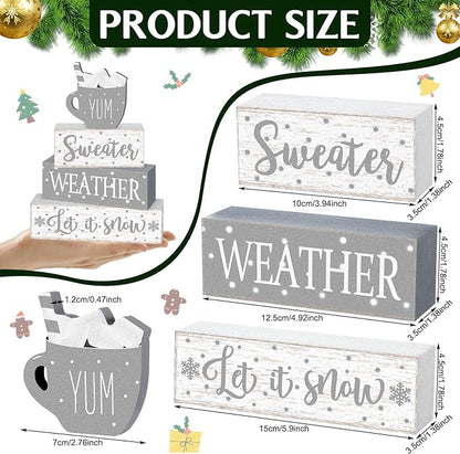 Marsui 4 Pcs Winter Christmas Wooden Tabletop Decor Rustic Wooden Hot Cocoa Block Sign Gift Farmhouse Xmas Tiered Tray Decor Let It Snow Table Centerpiece Winter Decorations for Home Office Desk Shelf