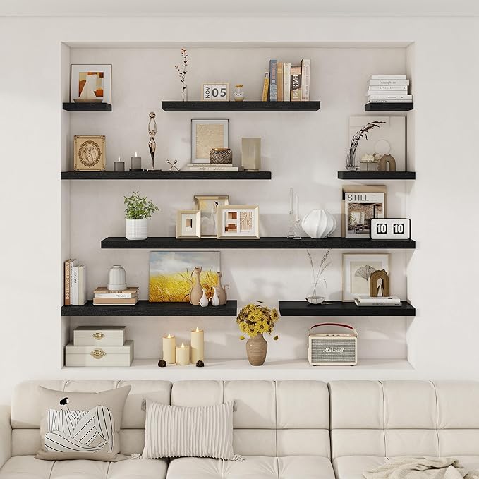 Fun Memories 12 Deep Floating Shelves for Wall | 30W x 12D Large Floating Shelves | 3 Pack Storage Space Wall Mount Shelf for Living Room Bathroom Toilet Laundry Room Kitchen Home Office - Black