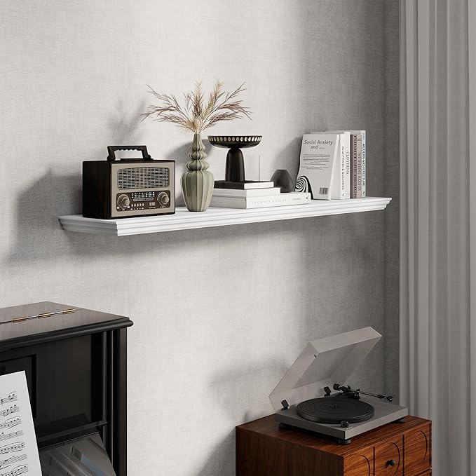 Fun Memories Floating Shelves 48 Inch Long, 9.3 Inch Deep Classic Crown Molding Floating Shelves for Wall, Rustic Wooden Shelves for Wall Decor Bathroom, Kitchen, Office, (White, 1Pack)