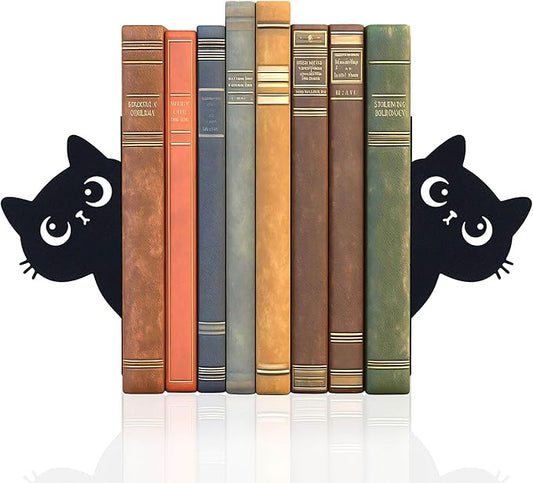 Bookends Metal Cat Book Ends, 1 Pairs Cute Bookends for Shelves Decorative for Home Office Desk Bookshelf Decor (Black, Cartoon)