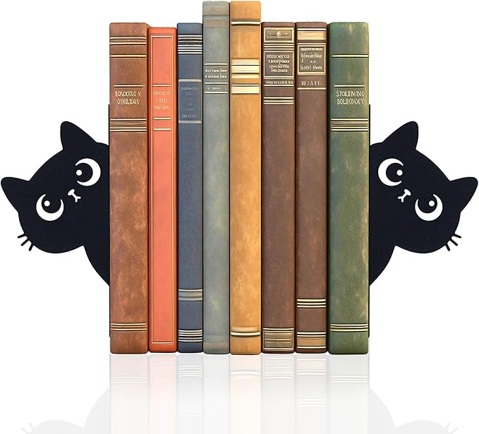 Bookends Metal Cat Book Ends, 1 Pairs Cute Bookends for Shelves Decorative for Home Office Desk Bookshelf Decor (Black, Cartoon)