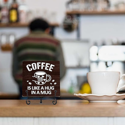 Coffee Bar Decor, Farmhouse Kitchen Table Decor, Coffee Station Accessories, Wooden Decorative Sign with Iron Stand for Table Desk Shelf Display-E17