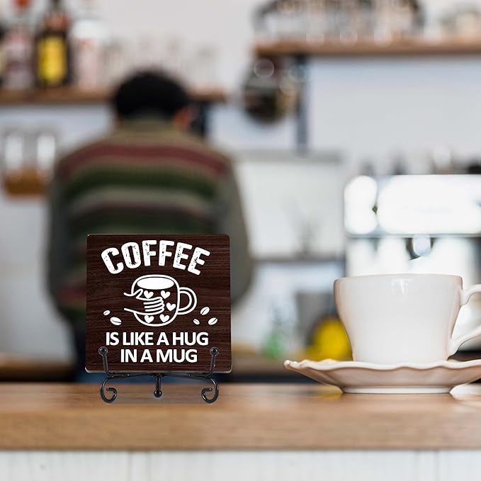 Coffee Bar Decor, Farmhouse Kitchen Table Decor, Coffee Station Accessories, Wooden Decorative Sign with Iron Stand for Table Desk Shelf Display-E17