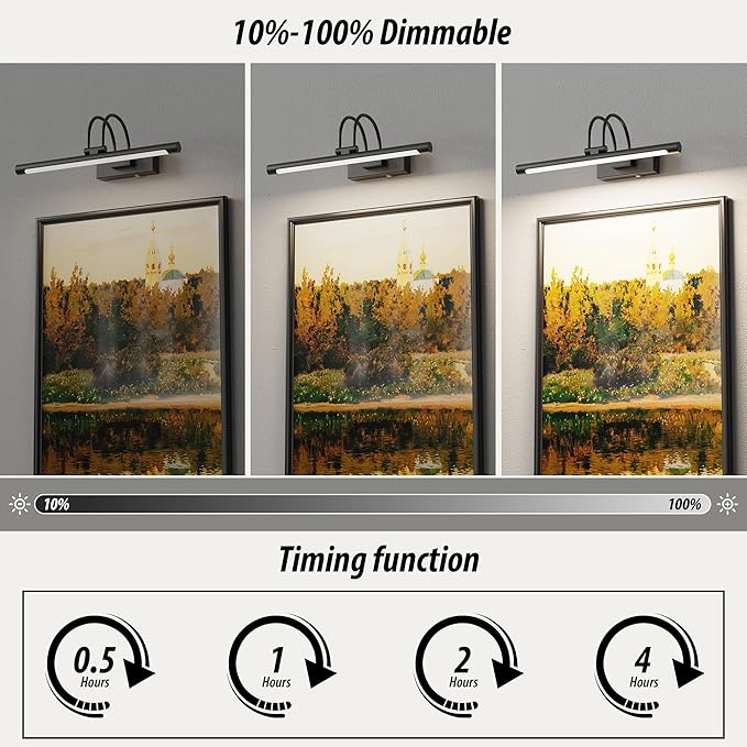URSOLA 16” Picture Lights for Wall, 5200mAh Rechargeable Battery, Black Coldless Picture Light with Remote. 3CCT, Timer, Dimmer.