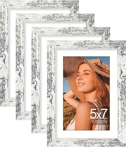 Vittanly 5x7 Picture Frame Set of 4, Display Pictures 4x6 with Mat or 5x7 without Mat, Engineered Wood with Shatter Resistant Plexiglass, Small Photo Frames for Wall or Tabletop, Distressed White