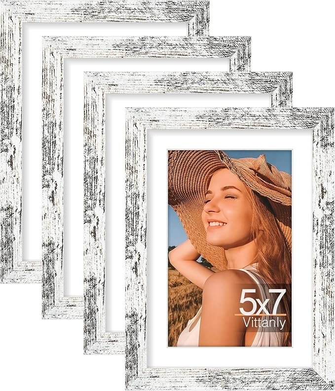 Vittanly 5x7 Picture Frame Set of 4, Display Pictures 4x6 with Mat or 5x7 without Mat, Engineered Wood with Shatter Resistant Plexiglass, Small Photo Frames for Wall or Tabletop, Distressed White