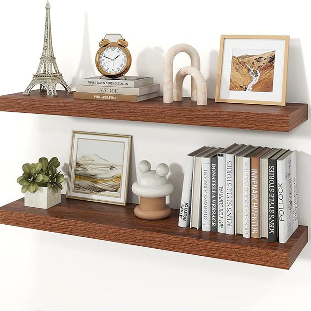 Floating Shelves for Wall, 9.3" Deep Wall Mounted Wood Shelves for Bathroom, Bedroom, Living Room, Kitchen, Hanging Shelf for Books/Storage/Room Decor (Walnut, 36")