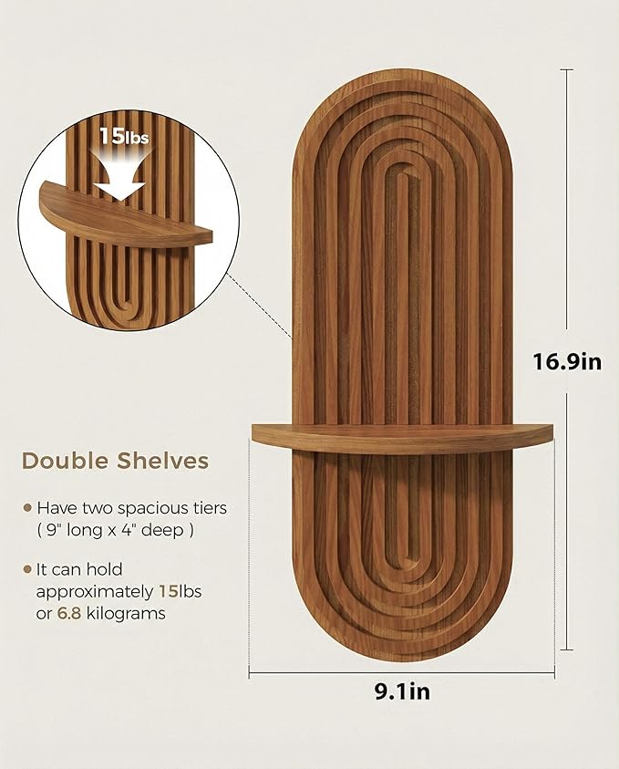 Bamworld Boho Wall Decor Brown Plant Wall Shelf, Mid Century Modern Decor Hanging Plant Shelf, 1-Tier Bamboo Floating Shelves for Home Bathroom Bedroom Living Room Holding Planter Decoration Brown
