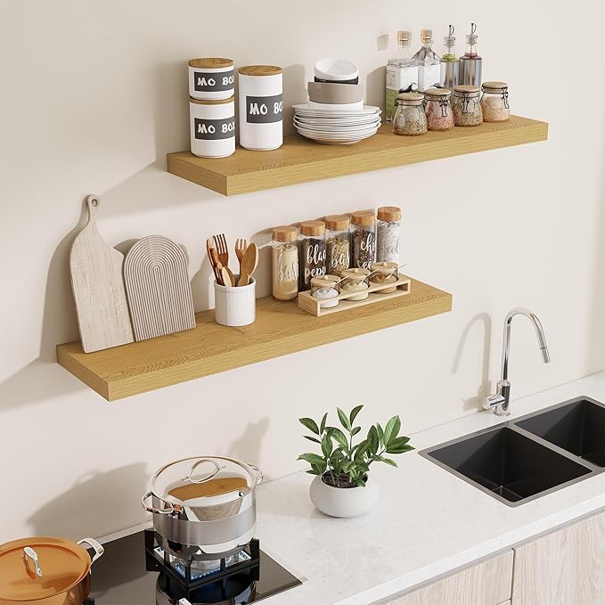 Dreamland 40 Inches Floating Shelves for Wall, 9.3 Inch Deep Floating Shelves Set of 2, Large Display & Storage Shelf, Wall Shelf for Bathroom Bedroom Living Room Kitchen Office,Oak