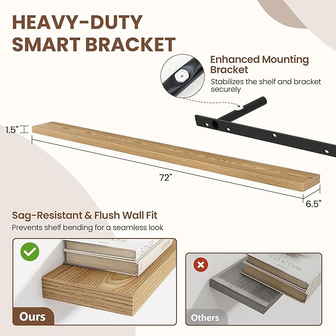 72 Inch Floating Shelves for Wall 1 Pack, 72" Wall Shelves for Books, Storage, Decor, Wall Mounted Floating Shelf with Invisible Brackets for Kitchen, Living Room, Light Brown