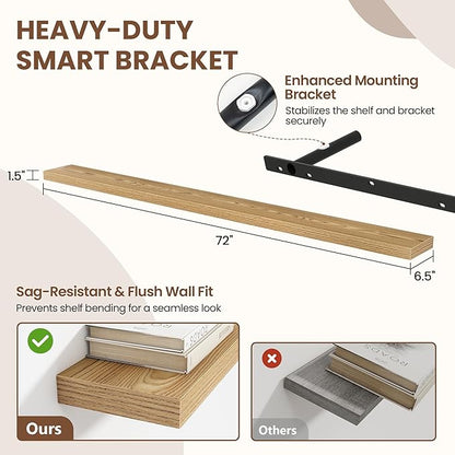 72 Inch Floating Shelves for Wall 1 Pack, 72" Wall Shelves for Books, Storage, Decor, Wall Mounted Floating Shelf with Invisible Brackets for Kitchen, Living Room, Light Brown